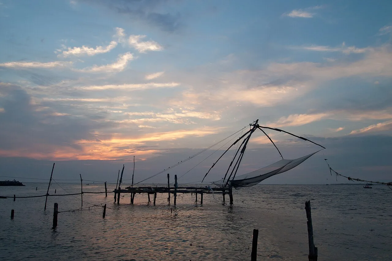 Fishing nets at sunset in Fort Kochi