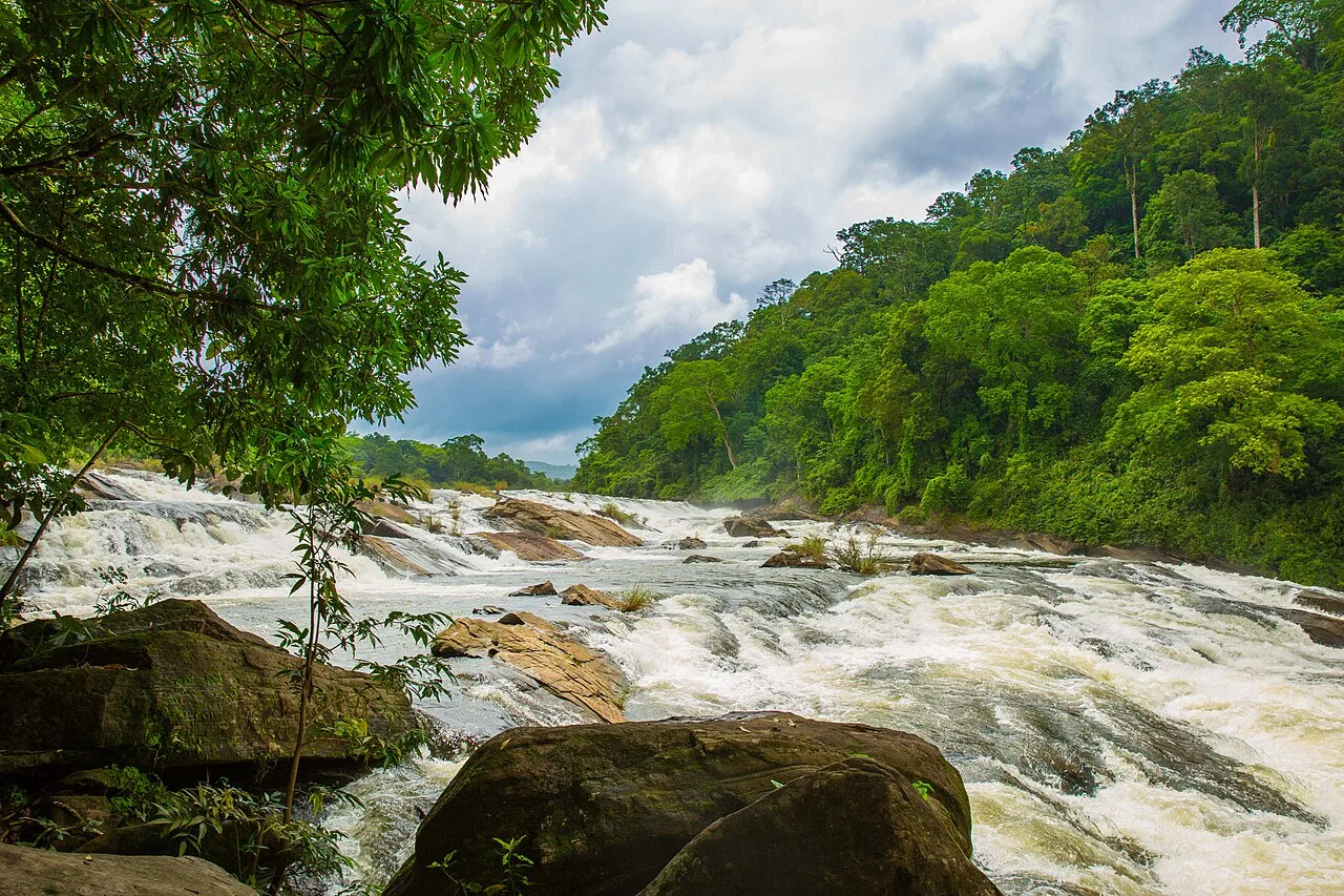 Water flowing across the rocks at Vazhachal